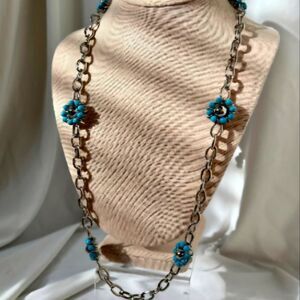 Vtg Turquoise 90s Floral Silver Tone Blue Bead Flower Long Chain Necklace 37"